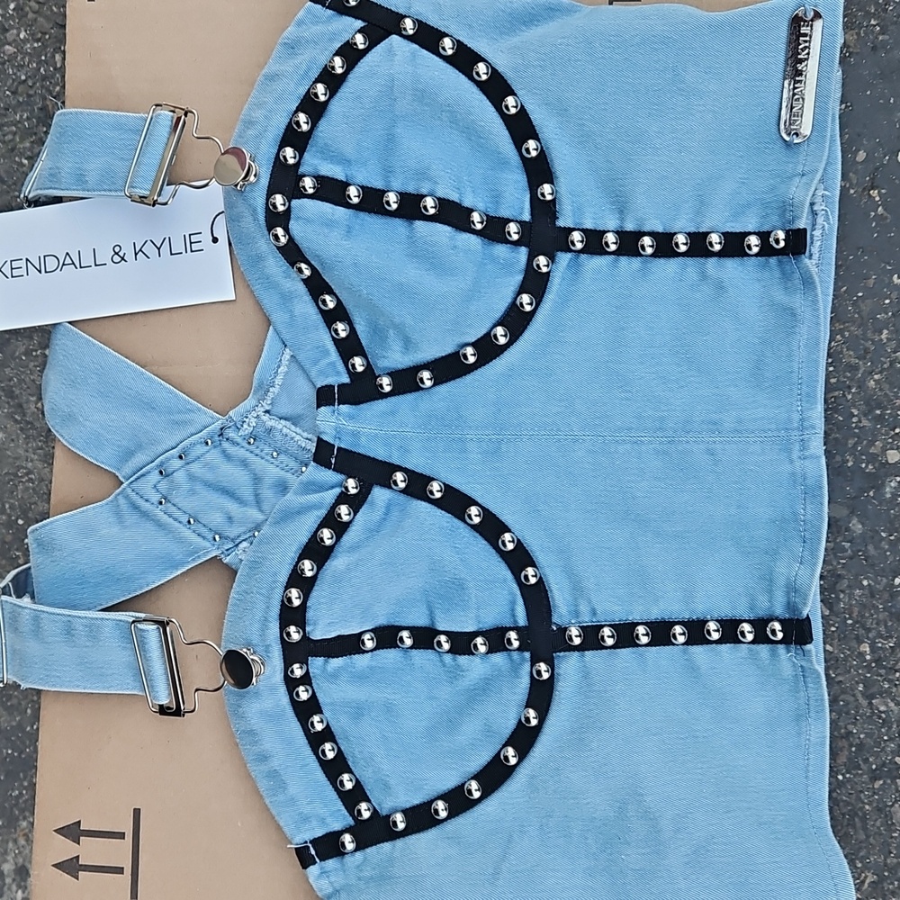 Kendall + Kylie Women's Blue Denim Studded Corseted Crop Top Size Large New NWT